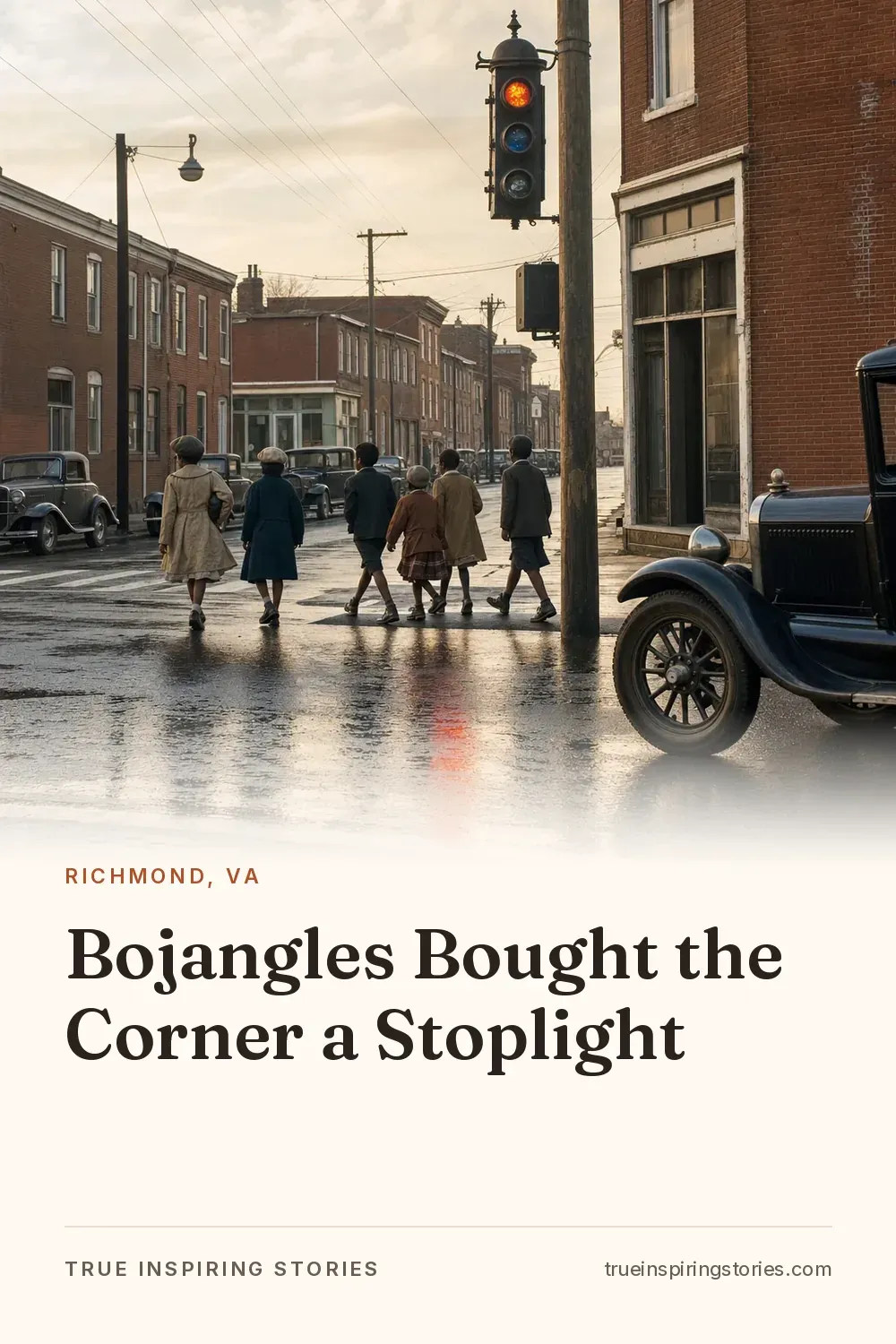 Children cross a 1930s Richmond street beneath a traffic signal as vintage cars wait.