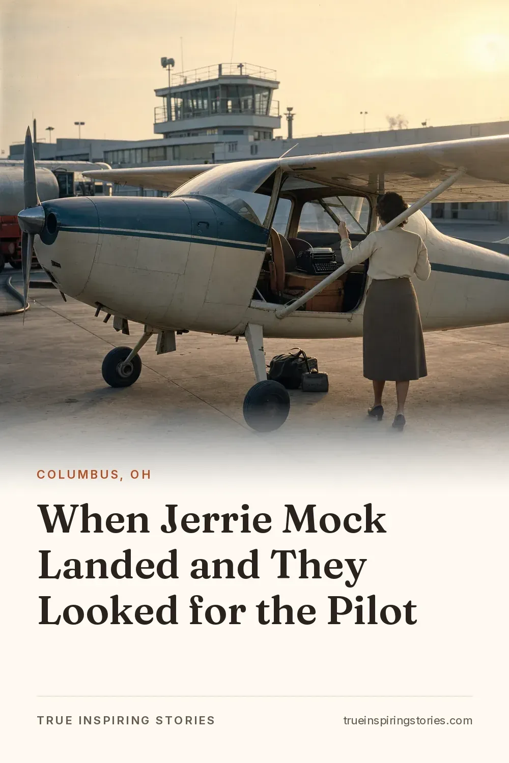 A woman pilot stands beside a small Cessna on a 1960s airport apron at sunrise.
