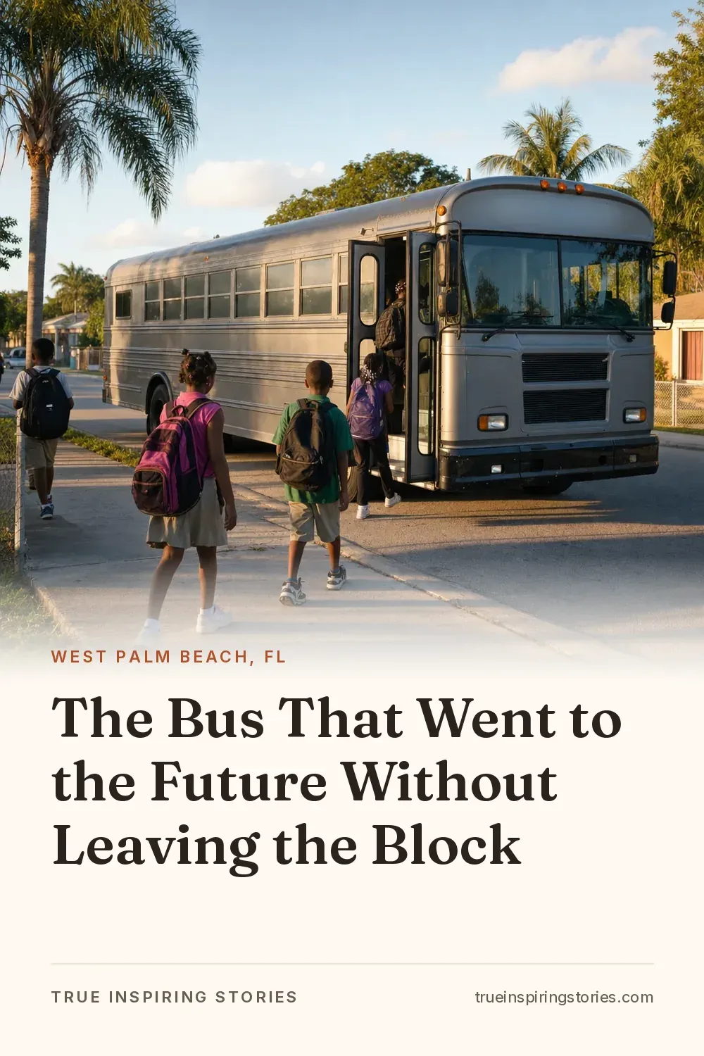 A large bus waits at a West Palm Beach curb as children with backpacks walk toward it.