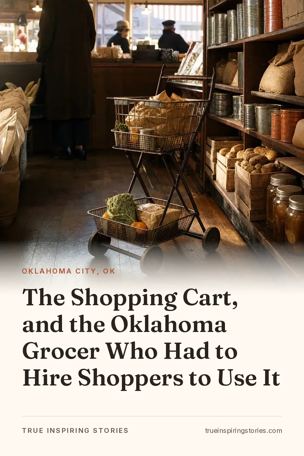 A 1930s grocery aisle shows a wheeled folding frame holding two wire baskets.