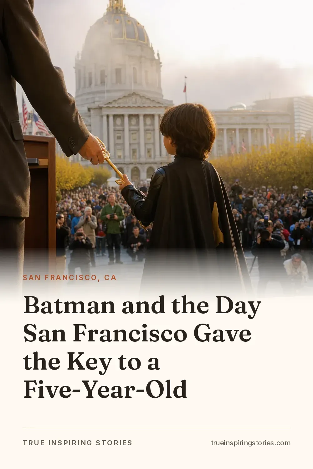 A caped child stands on San Francisco City Hall steps during a public ceremony.