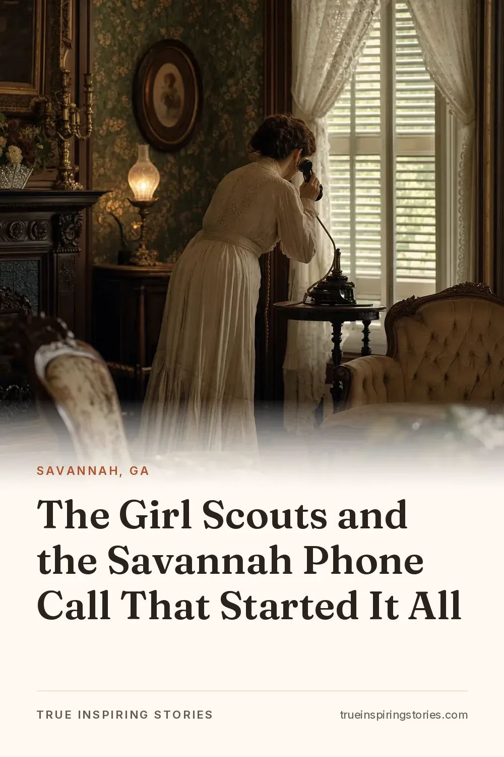 A woman in an Edwardian parlor uses a candlestick telephone beside shuttered windows.