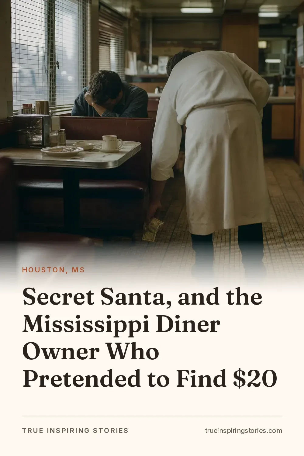 A diner owner bends beside a booth, lifting a bill from a worn tile floor in a 1970s Southern diner.