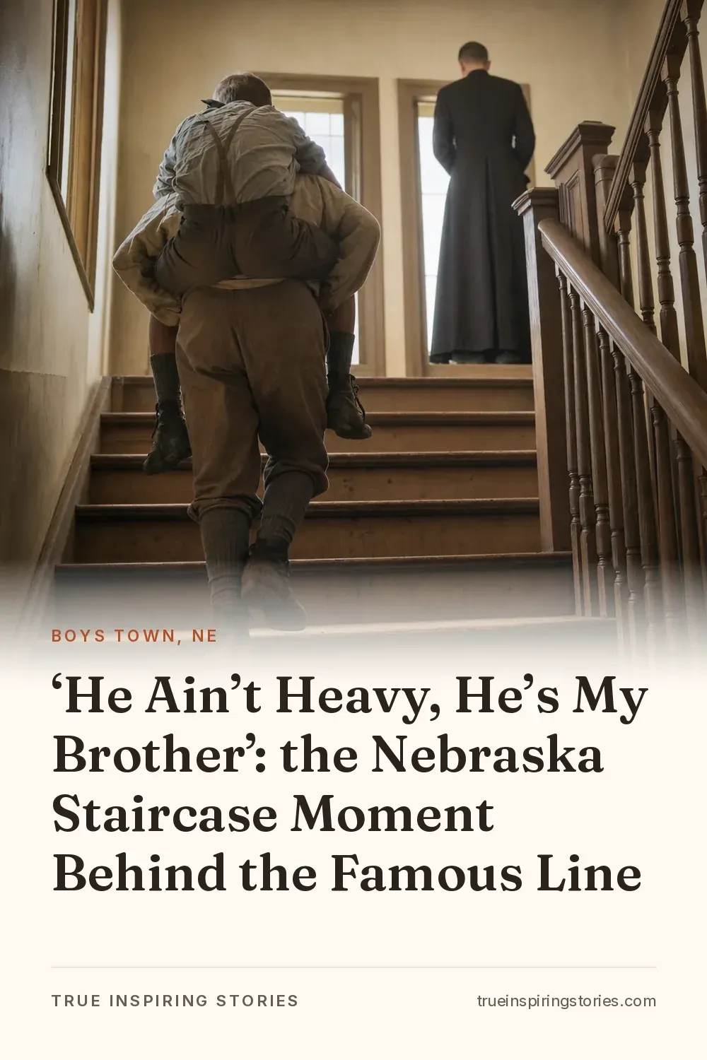 Two boys in 1920s clothing climb a wooden staircase, one carrying the other as a priest watches from behind.