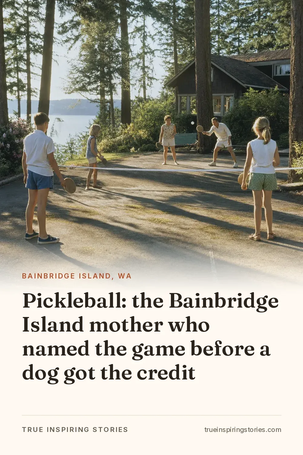 People play with paddles and a plastic ball on an old backyard badminton court.