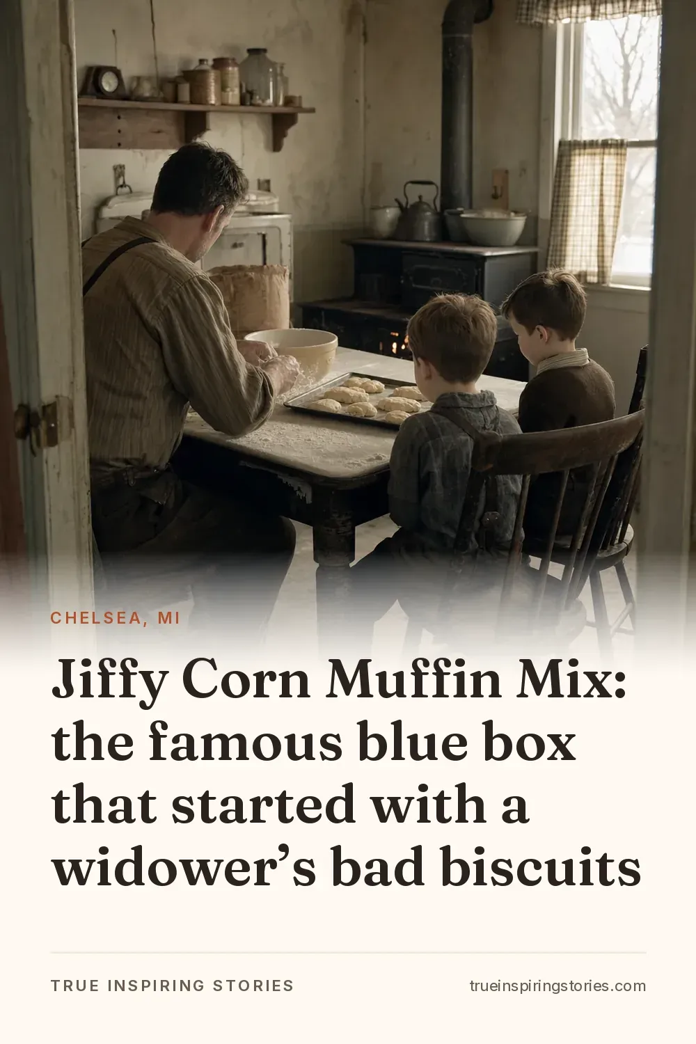 A father kneads biscuit dough in a 1930s kitchen while two boys wait at the table.