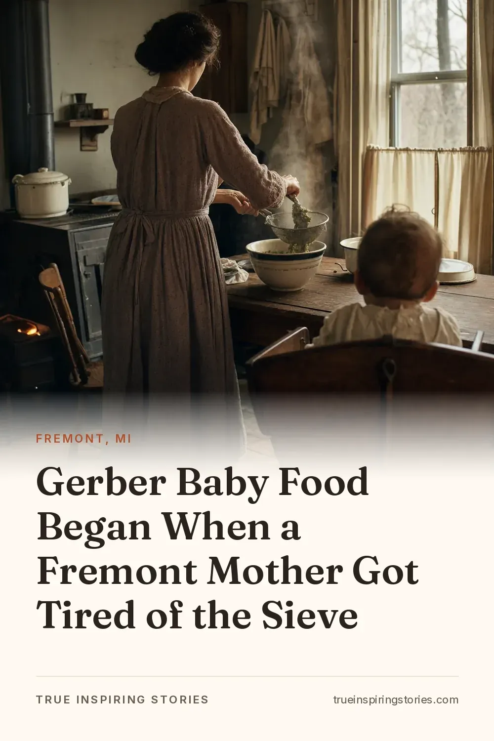 A 1920s kitchen table with a sieve, green vegetables, and a baby high chair nearby.
