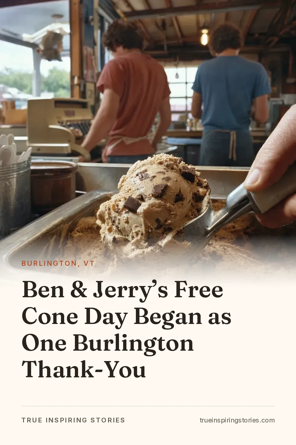 A chunky ice cream scoop is lifted at a small 1970s Burlington shop counter.
