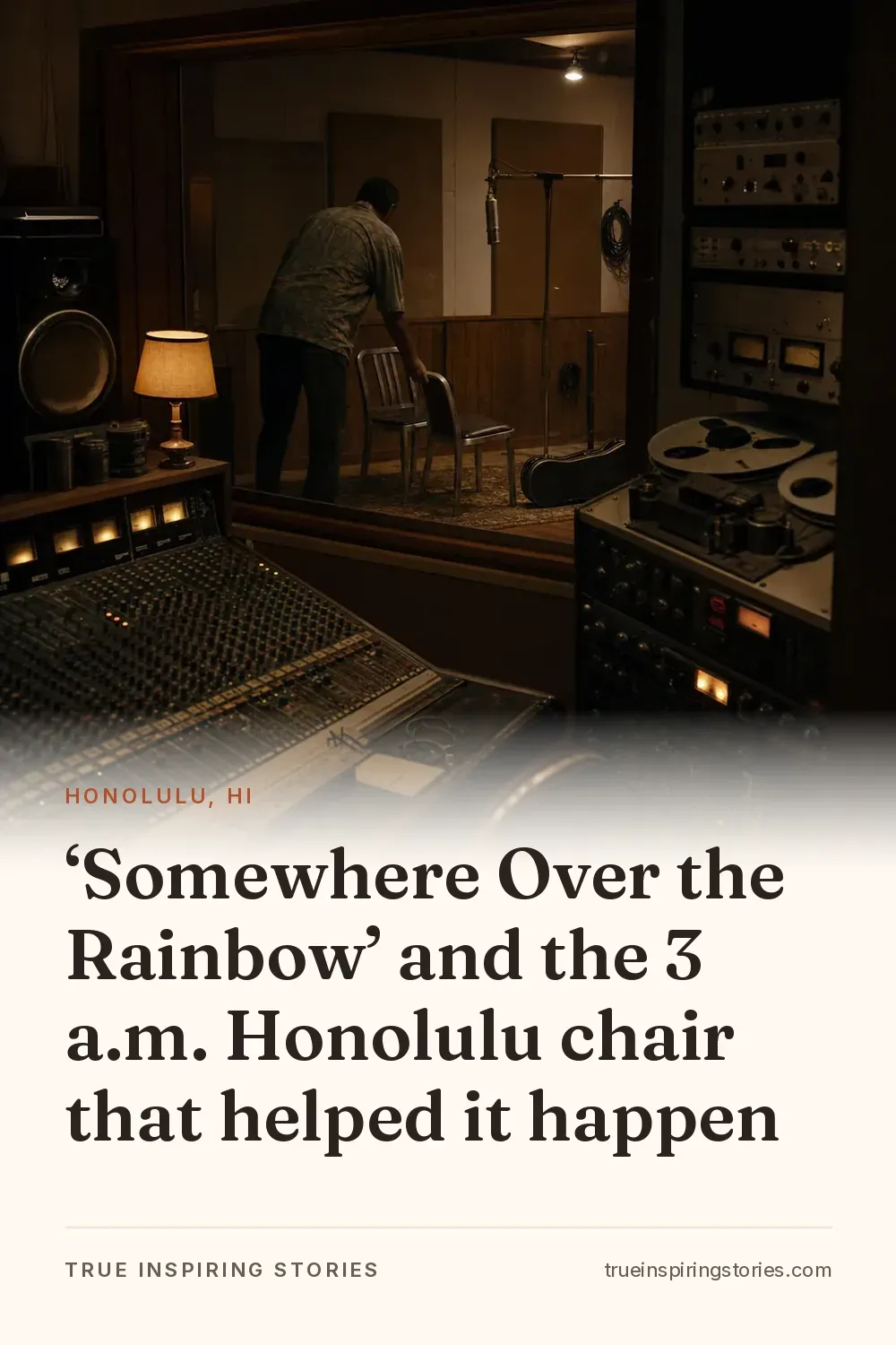 A steel chair sits in a dim Honolulu recording studio beside a microphone and ukulele case.
