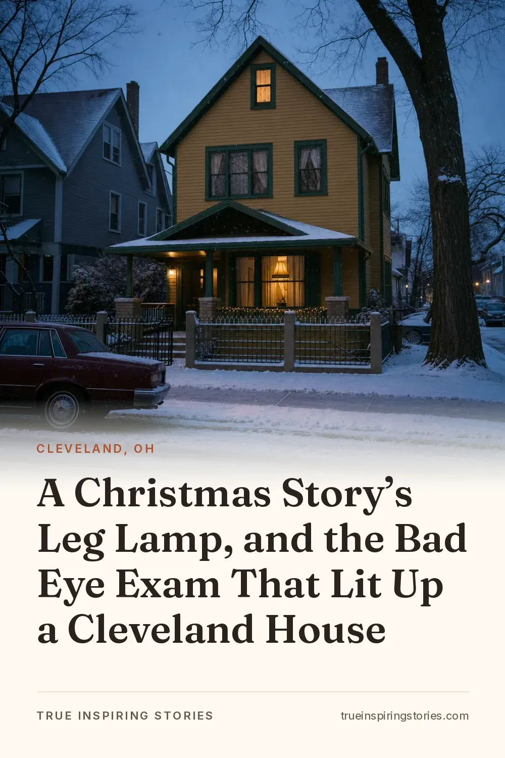 A yellow Cleveland house glows at winter dusk with a leg-shaped lamp visible in the front window.
