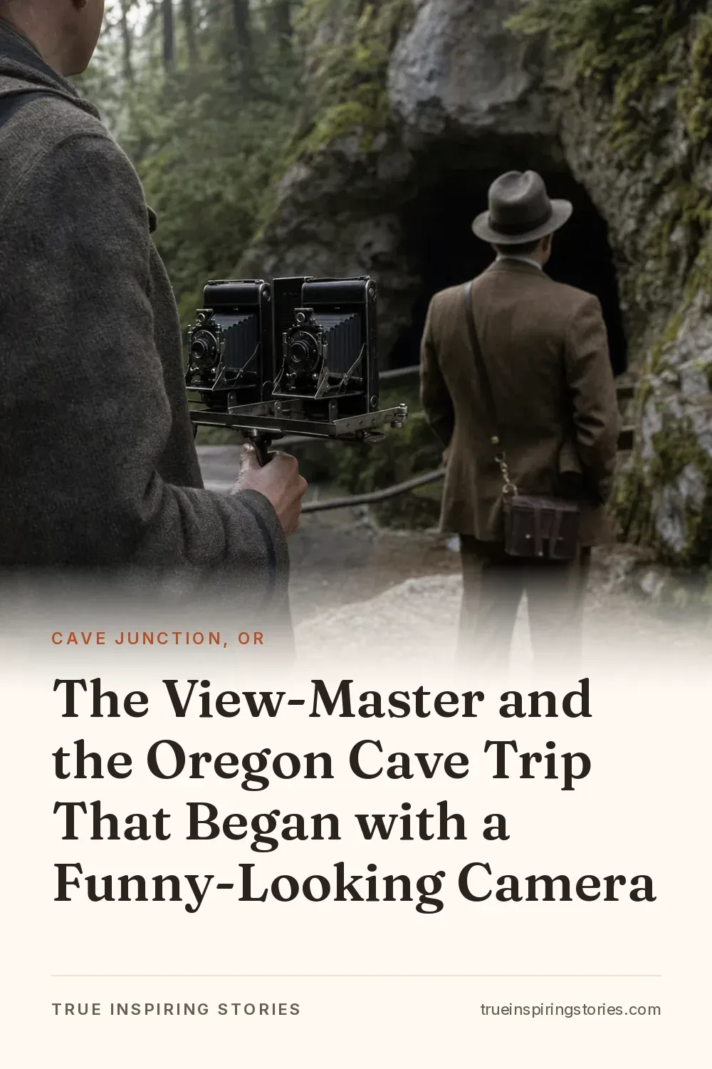 A twin-camera stereoscopic rig is held on a forest trail near the Oregon Caves entrance.