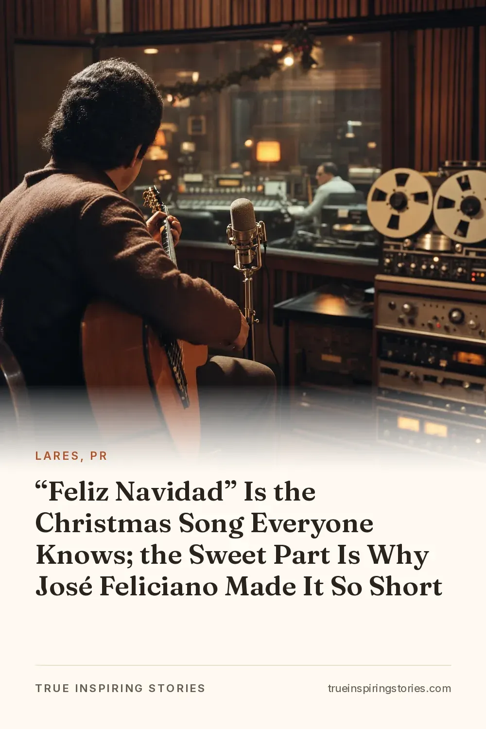 A guitarist records in a 1970 Manhattan studio beside vintage microphones and reel-to-reel machines.