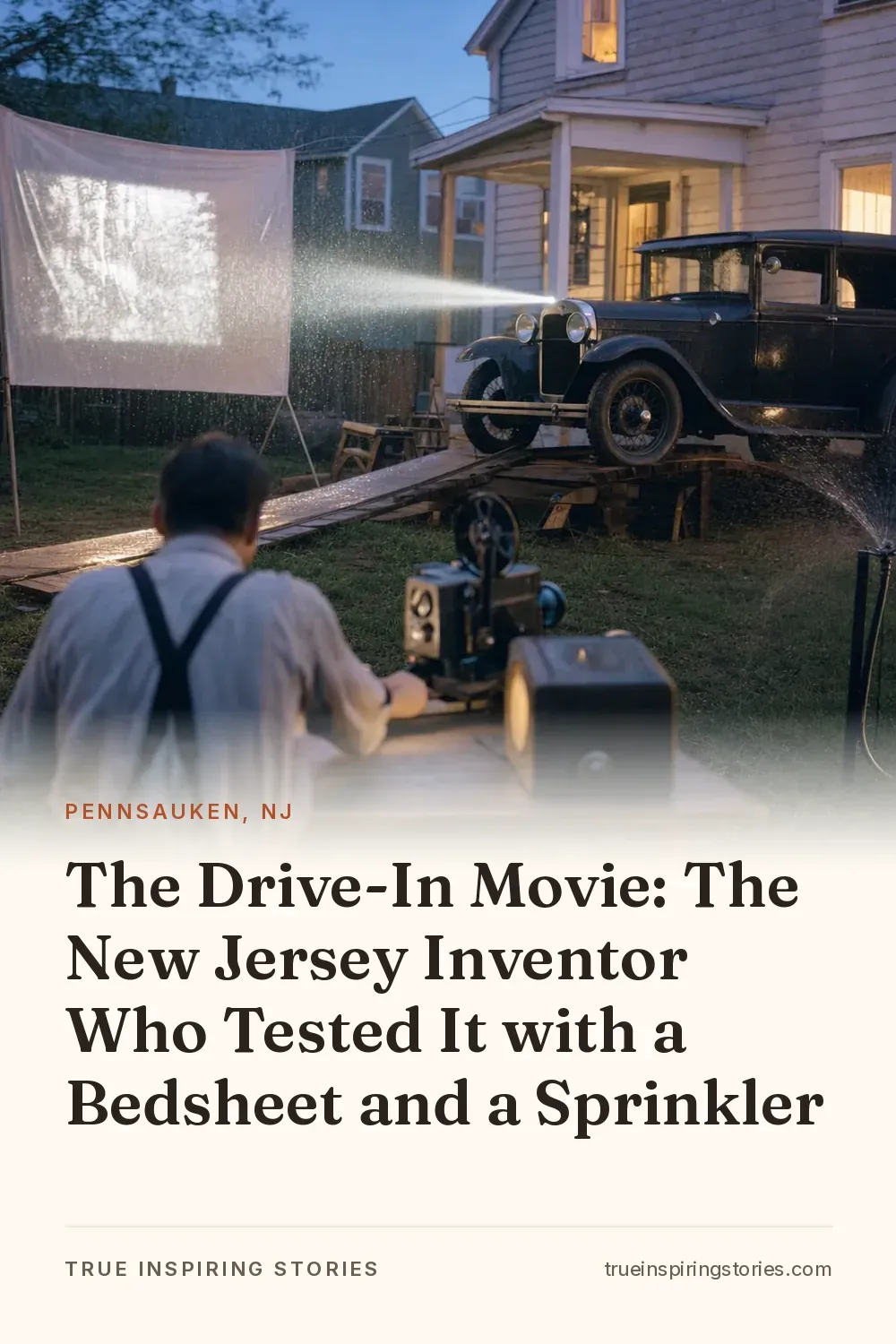 A 1930s driveway movie screen is sprayed by a sprinkler as a projector shines through the mist.