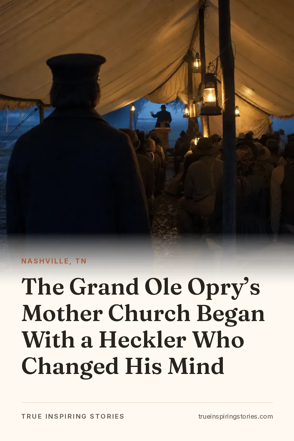 A man in a dark coat stands inside a lantern-lit 1885 revival tent facing a distant preacher.