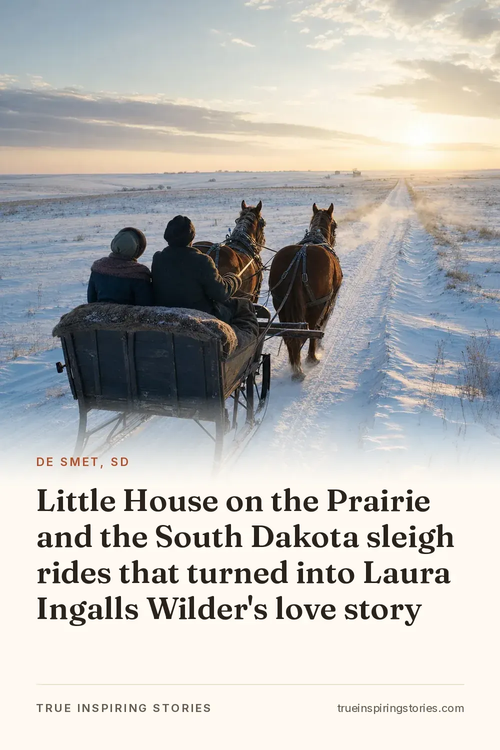 A horse-drawn sleigh crosses a snowy Dakota prairie road at sunset.
