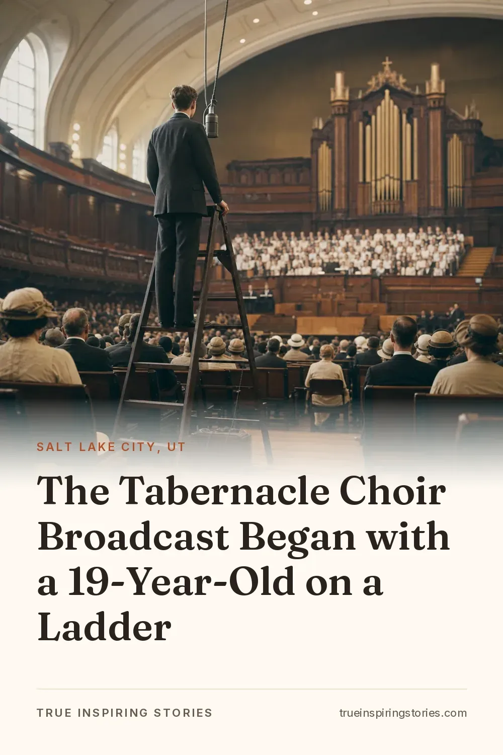 A young announcer on a ladder speaks into a suspended microphone inside the Salt Lake Tabernacle.