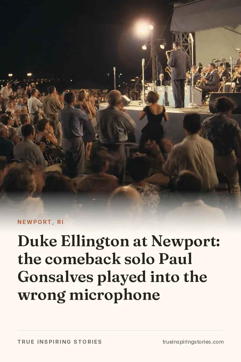 A saxophonist plays on a night stage as a 1950s festival crowd rises and dances.