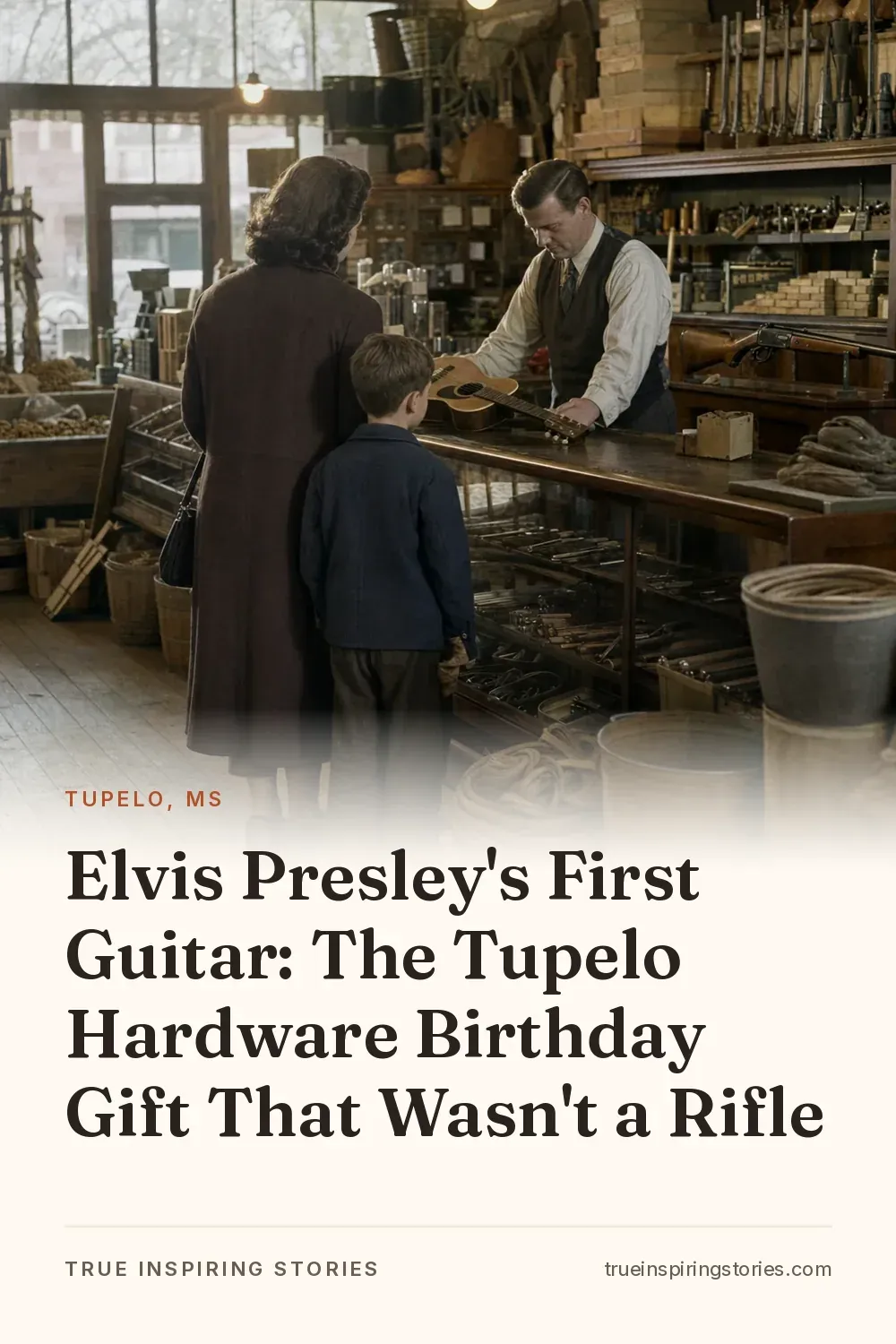 A boy and woman stand at a hardware counter with a guitar and tools around them.