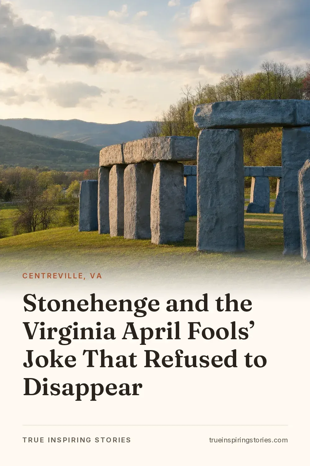 Gray Foamhenge stones stand on a grassy Virginia hillside with wooded hills behind them.