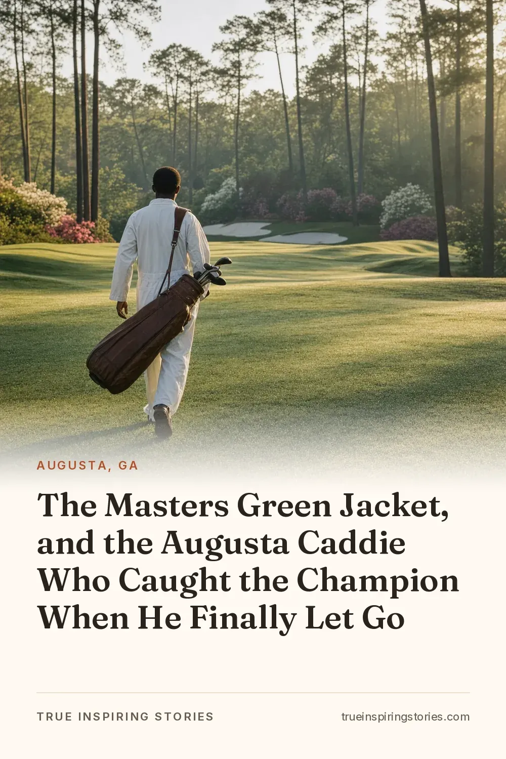 A caddie in white coveralls walks across a misty Augusta fairway at sunrise.