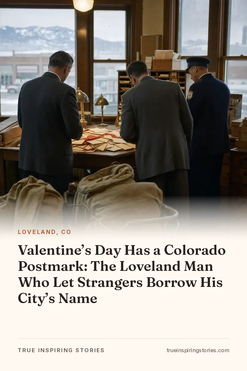 1940s postal workers examine stacks of valentine envelopes in a small Loveland post office.