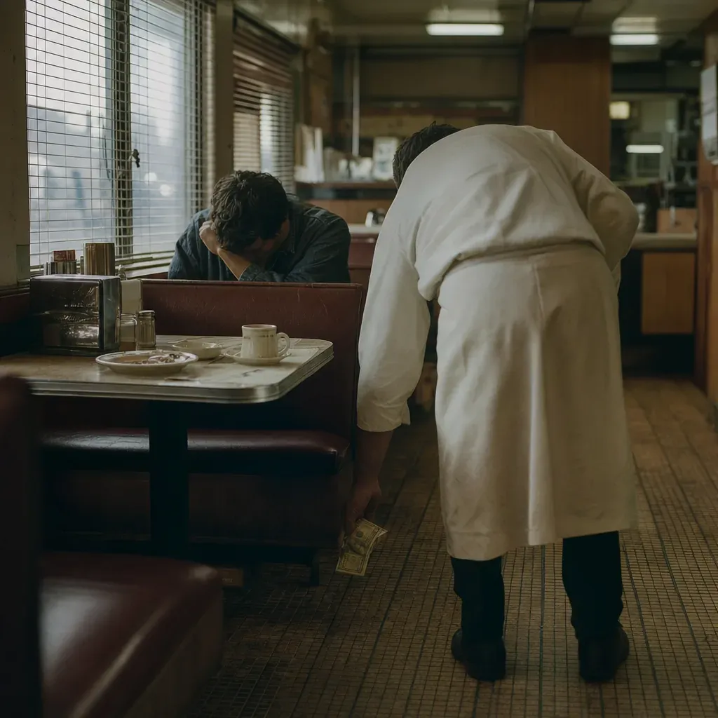 A diner owner bends beside a booth, lifting a bill from a worn tile floor in a 1970s Southern diner.
