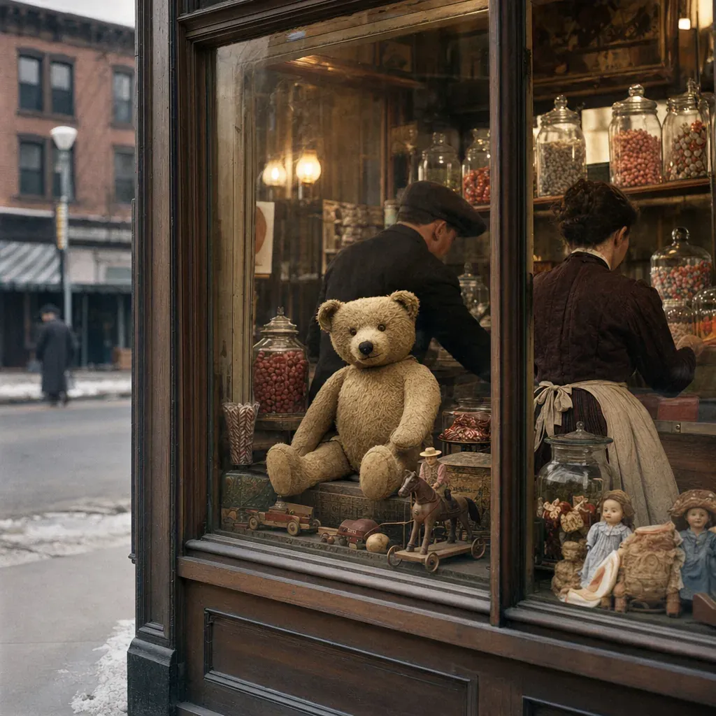 A handmade stuffed bear sits in an early 1900s Brooklyn shop window among toys and sweets.