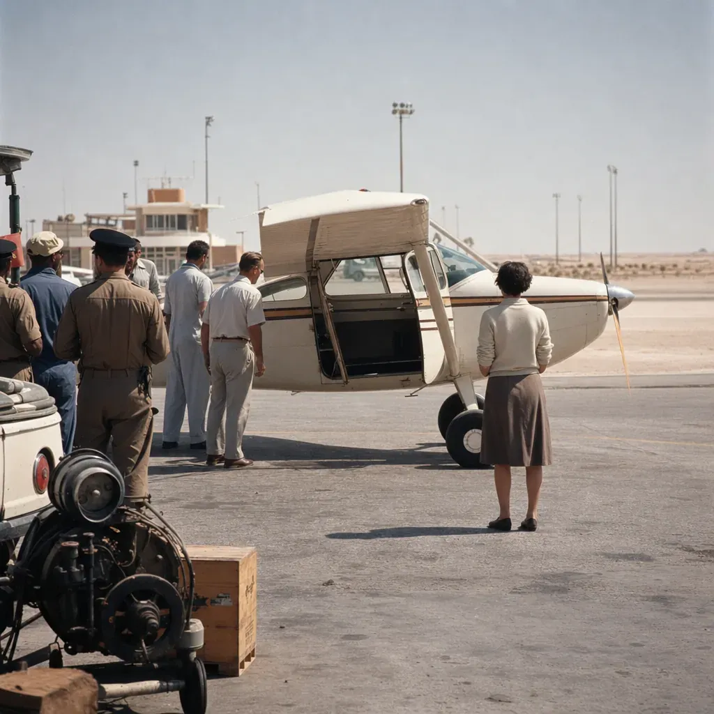 Airport workers inspect a small Cessna while a woman pilot stands beside it on a desert apron.
