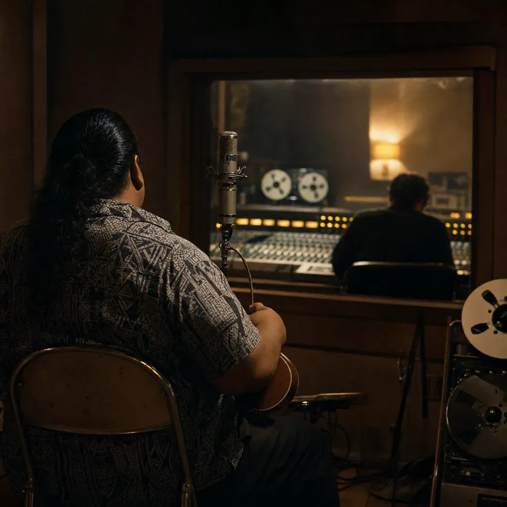 A silhouetted musician plays ukulele into a vintage microphone in a dim recording studio.