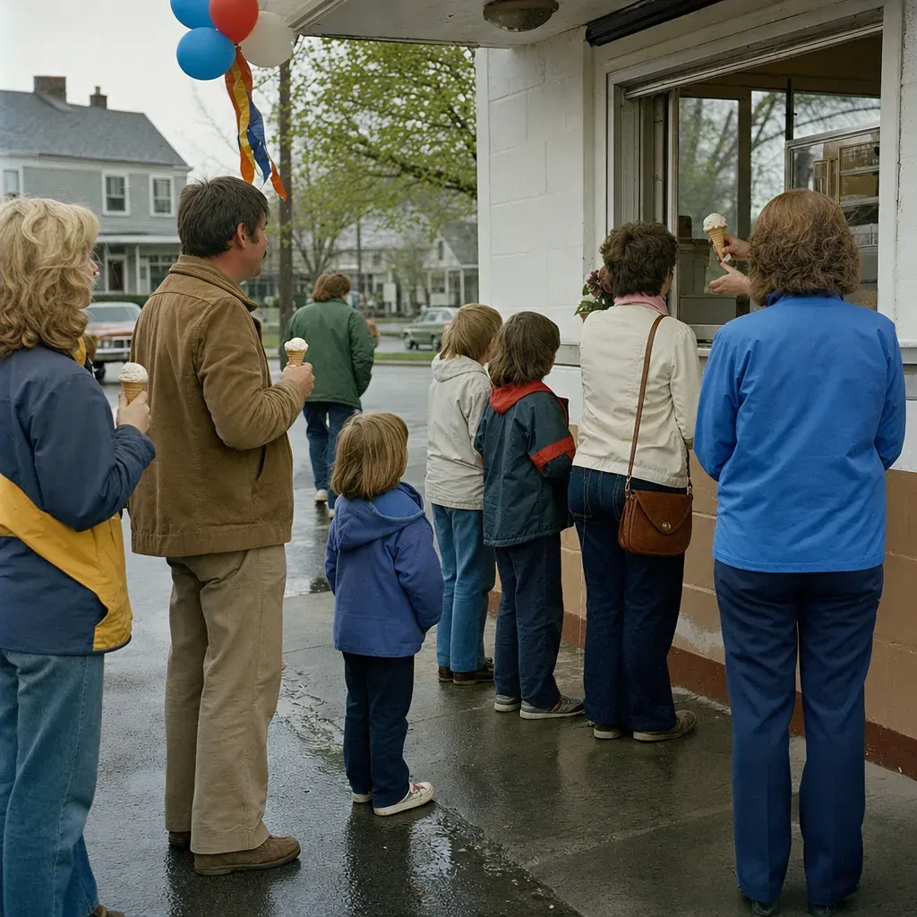 Customers line up outside a converted gas station ice cream shop in 1979 Burlington.