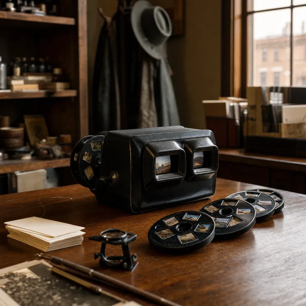 An early stereoscopic viewer and round slide reels sit on a wooden photographic workshop desk.