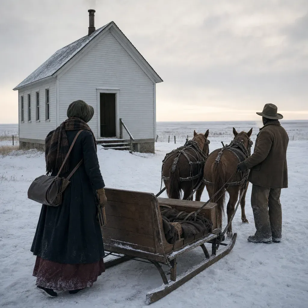 A bundled teacher approaches a horse-drawn sleigh outside a snowy prairie schoolhouse.