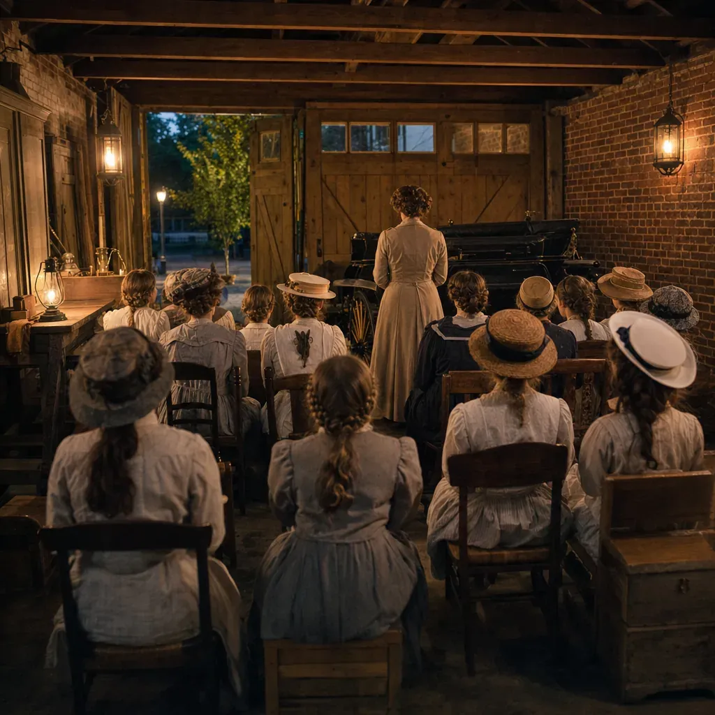 Girls in 1912 dresses gather by lamplight inside a Savannah carriage house.