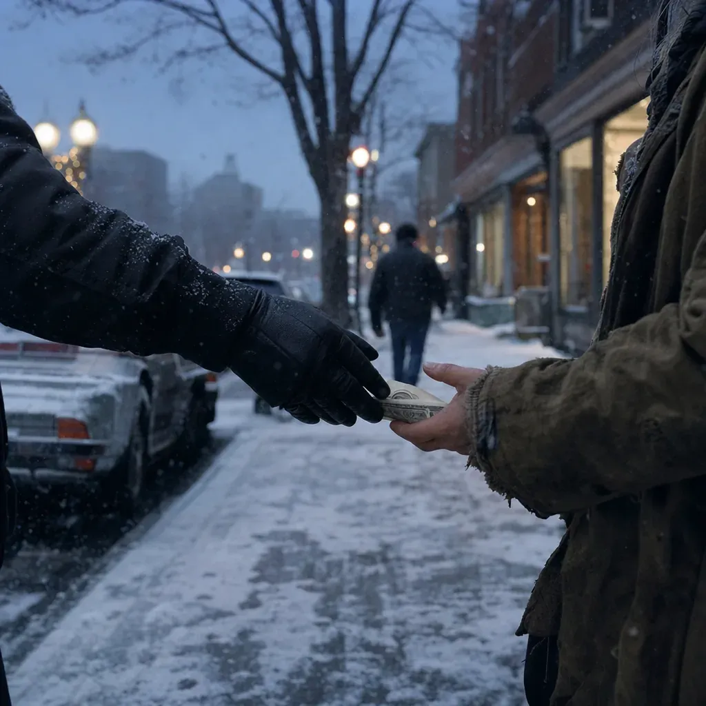 Gloved hands pass a folded bill on a snowy Kansas City sidewalk with holiday lights behind them.