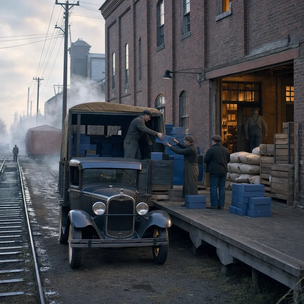 Workers load plain blue baking mix boxes at a 1930s brick flour mill in Chelsea.