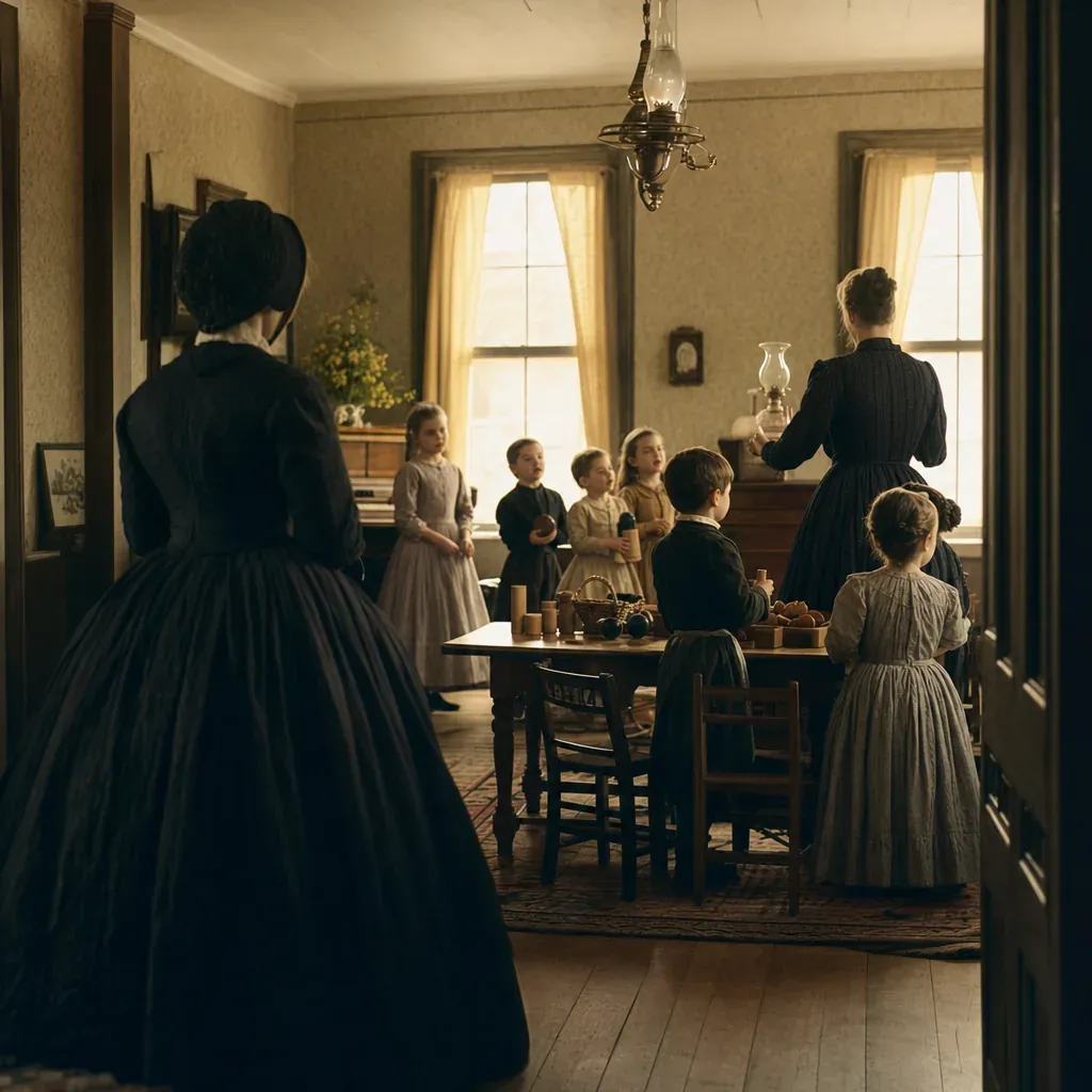 A visiting woman watches children learning in a modest 1850s Watertown parlor.