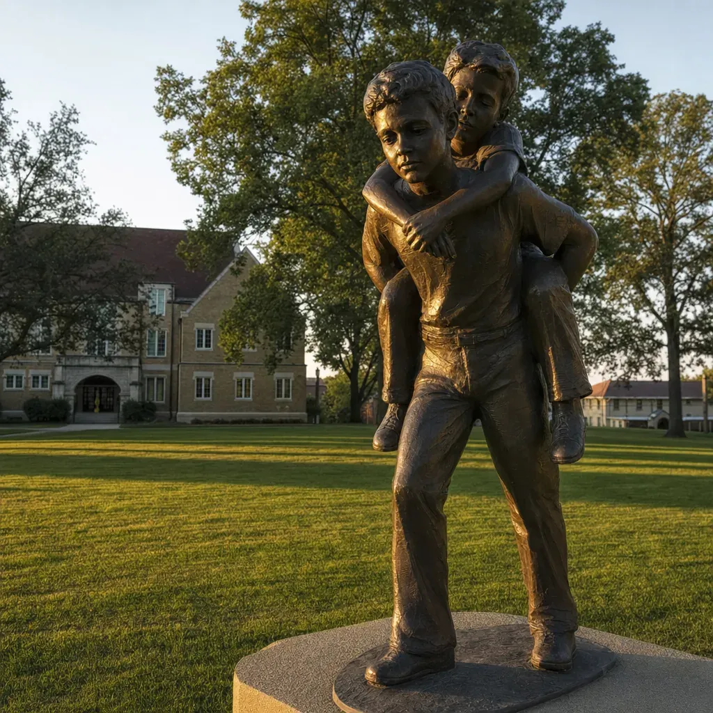 A bronze statue of one boy carrying another stands on a quiet lawn at the Boys Town campus.