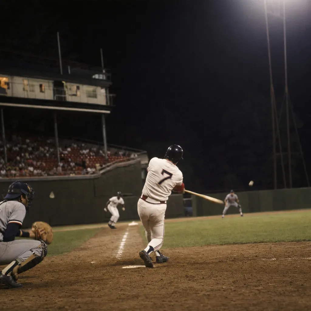 A batter swings under stadium lights as a runner rounds third during a night baseball game.