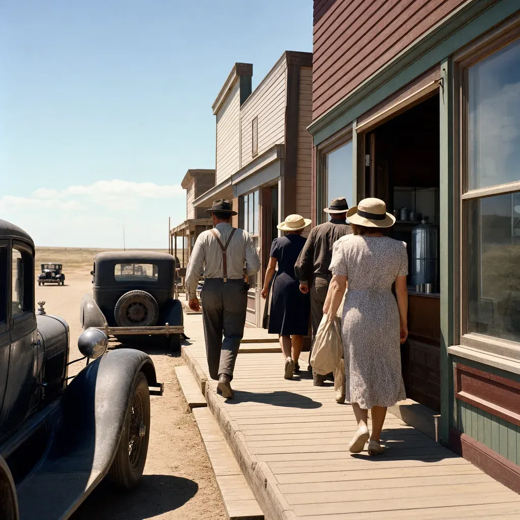 1930s cars line a dusty street as travelers walk toward a small pharmacy storefront.