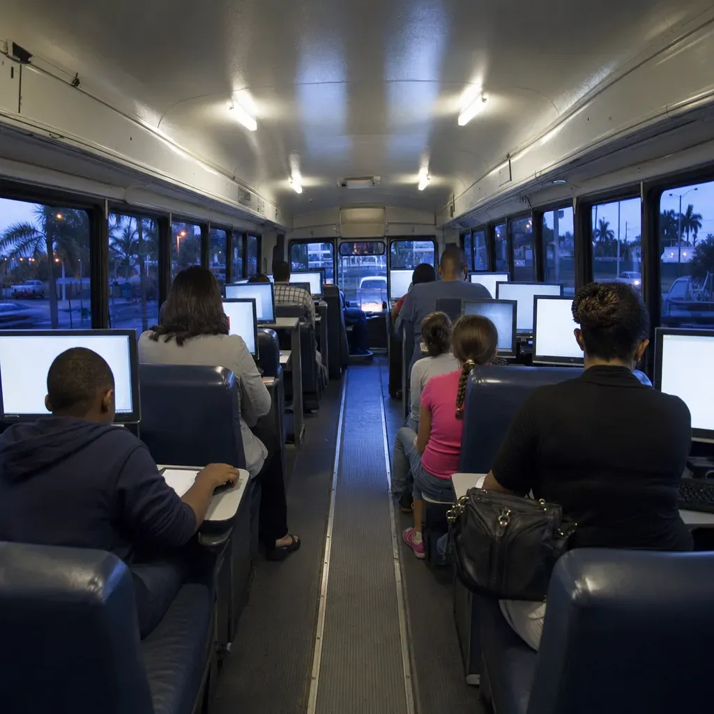 People sit at computer stations inside a converted bus lit by fluorescent lights and dusk.