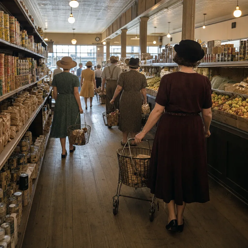 Shoppers in a 1937 grocery aisle push early wire basket carts past stocked shelves.
