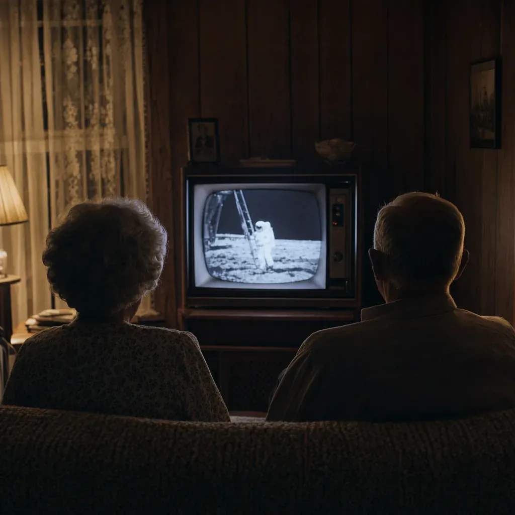An elderly couple watches a moon landing broadcast on a vintage television in a dim living room.