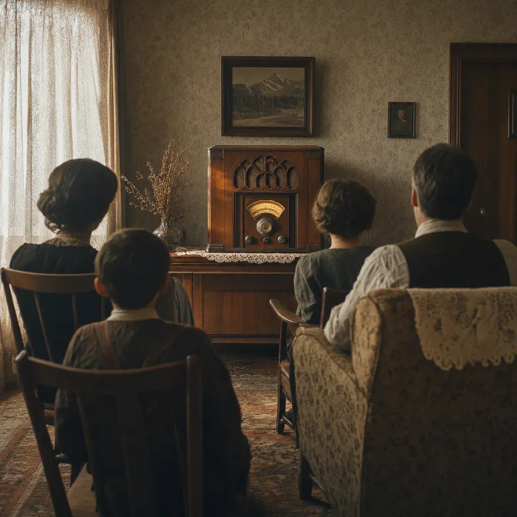 A 1929 parlor with people listening to a wooden tabletop radio in warm window light.