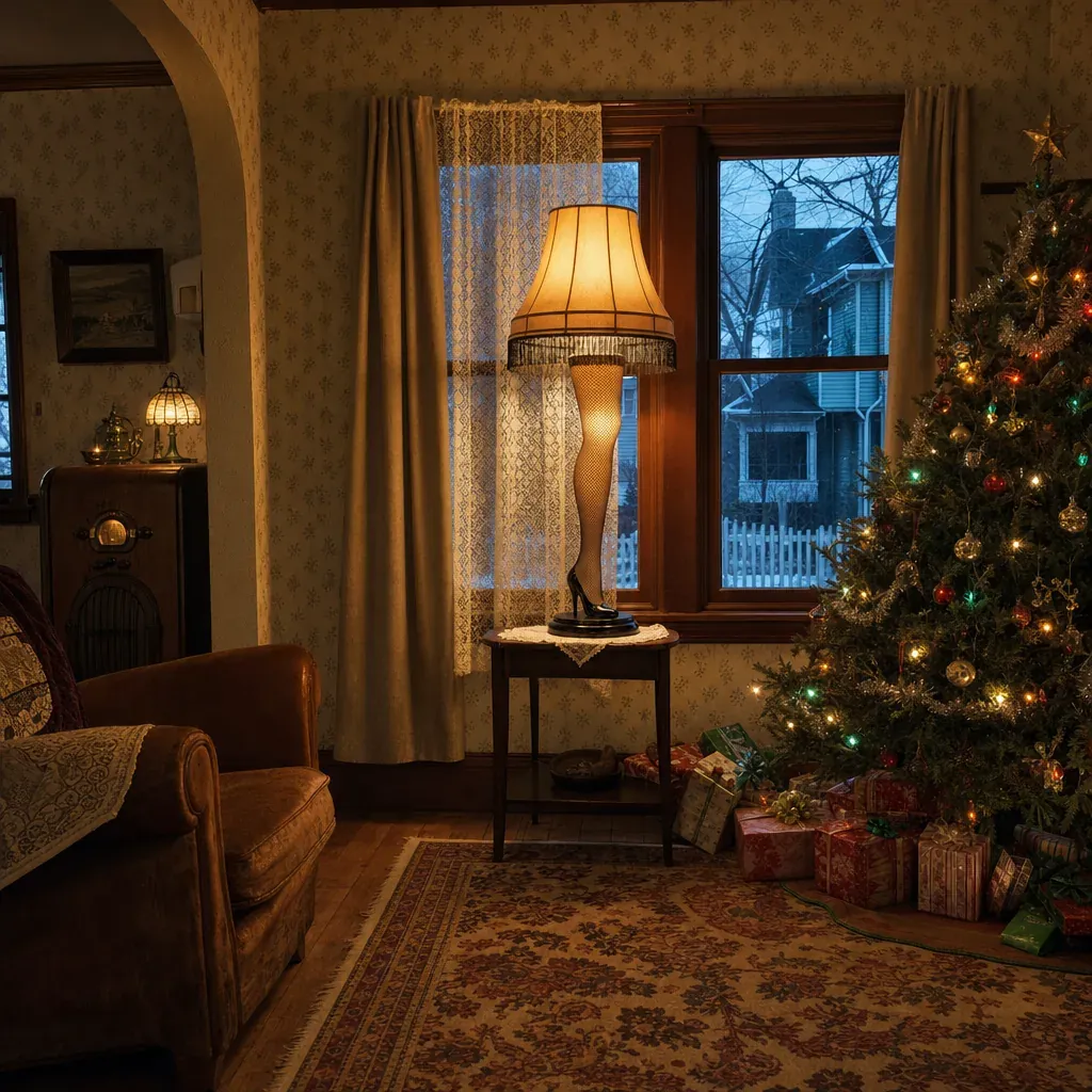 A vintage living room has a glowing leg-shaped lamp by the window and a small Christmas tree.