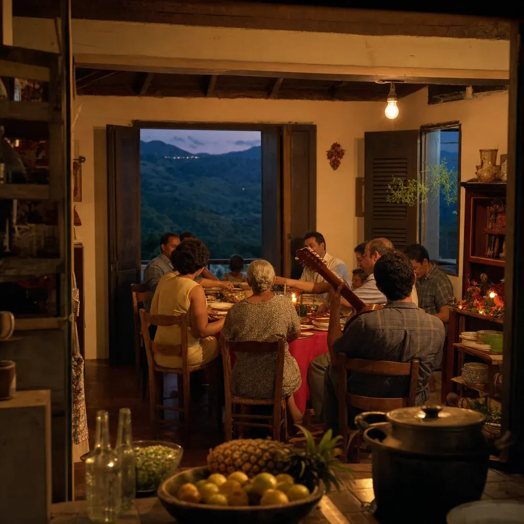 A Puerto Rican Christmas table is surrounded by family in a modest home at dusk.