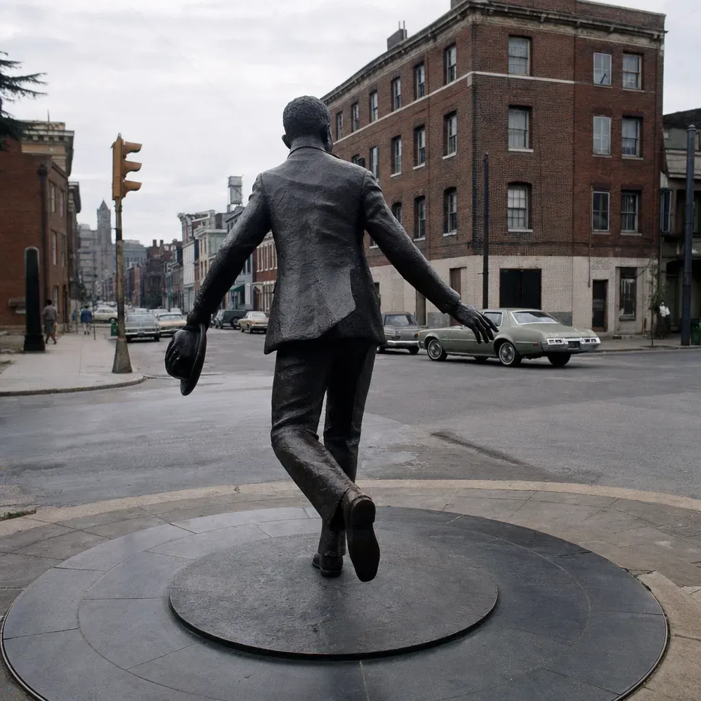 A bronze tap dancer statue stands at a Richmond corner with 1970s cars nearby.