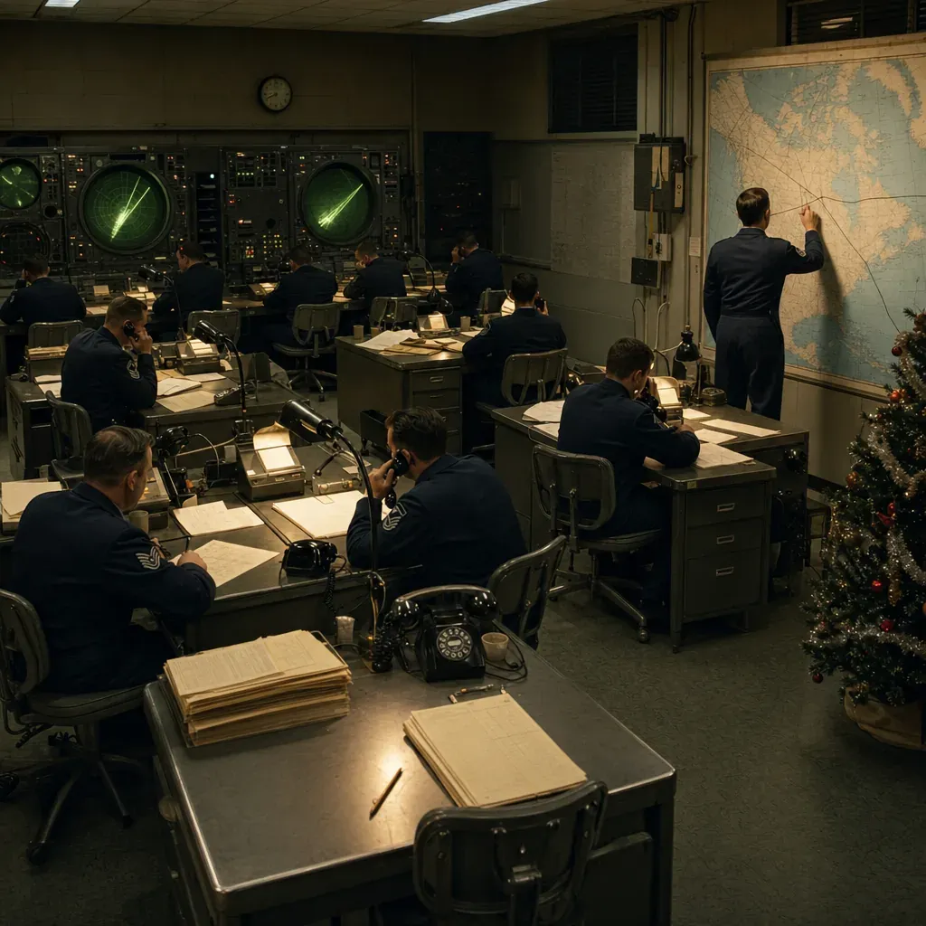 Airmen in a 1950s command center answer rotary phones beside radar screens and a large map.
