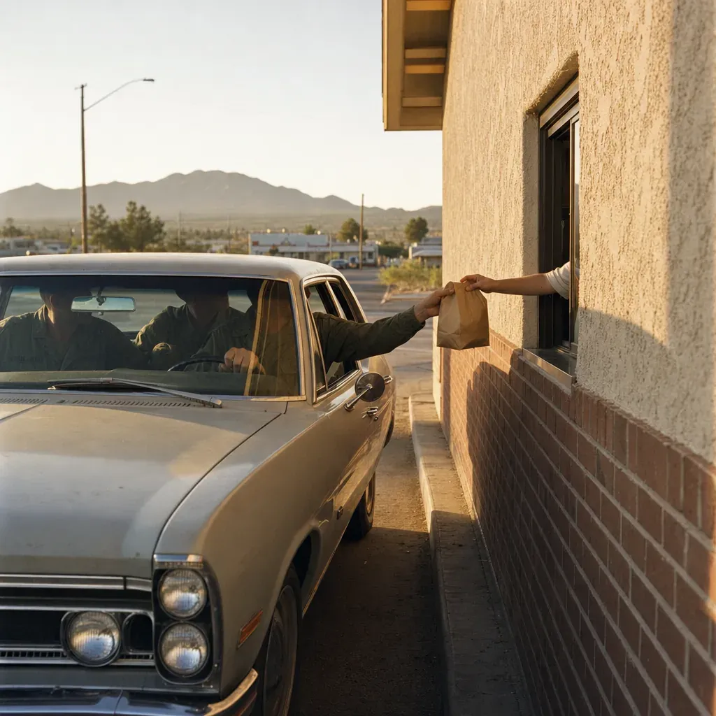 A 1970s car waits beside a McDonald’s service window as a food bag is handed out.