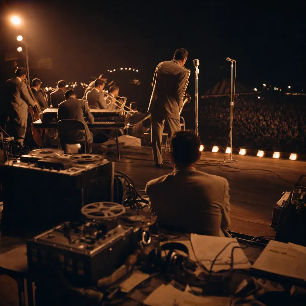 A 1950s recording table faces a jazz stage where a saxophonist plays away from a microphone.