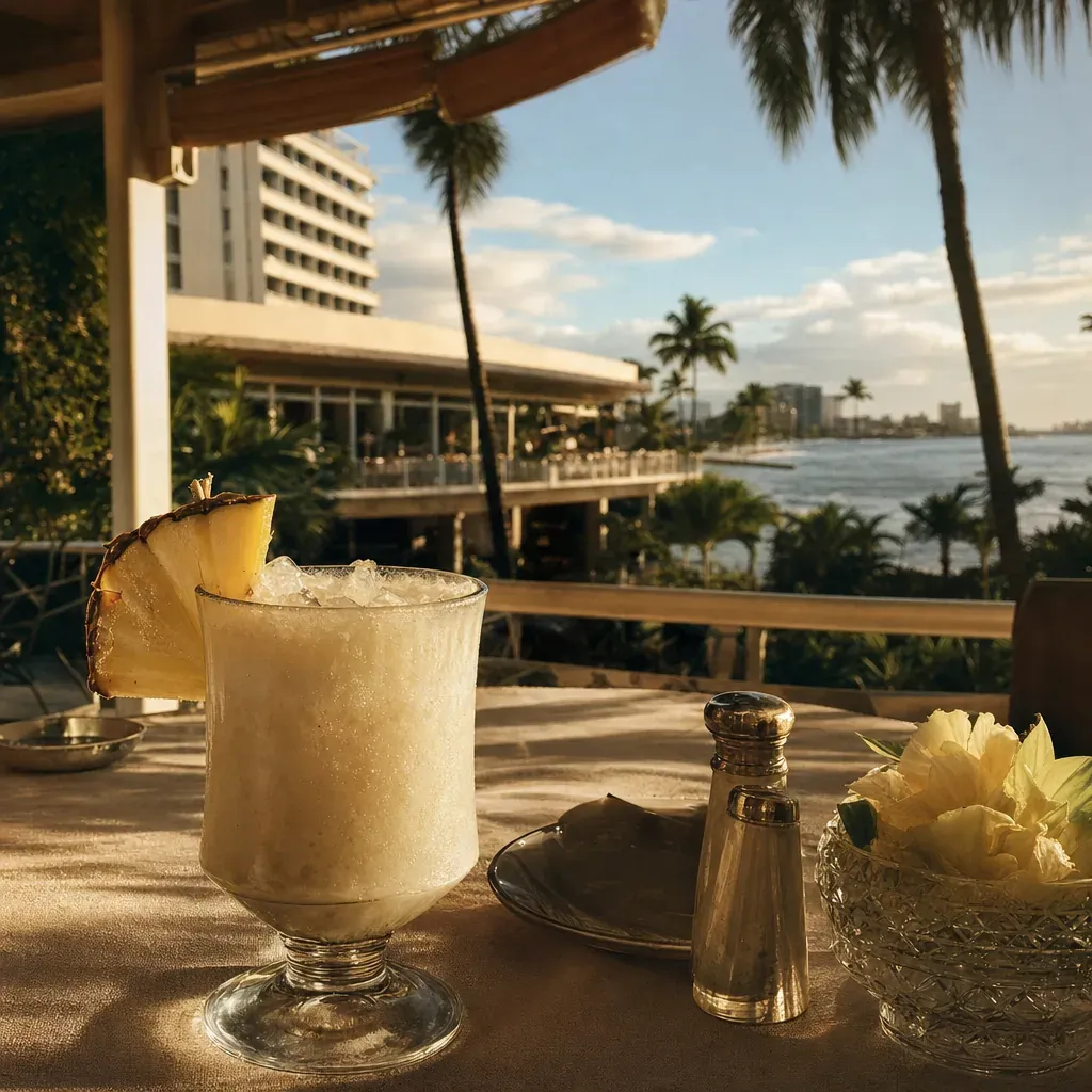 A frosty piña colada rests on a terrace table with palms and the San Juan coast behind it.